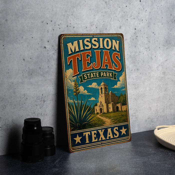 A vintage-style metal sign for Mission Tejas State Park in Texas, featuring an illustration of a building and a desert landscape.