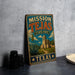 A vintage-style metal sign for Mission Tejas State Park in Texas, featuring an illustration of a building and a desert landscape.