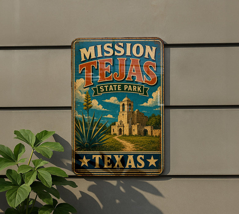 A vintage-style metal sign for Mission Tejas State Park in Texas, featuring a castle and a desert landscape.