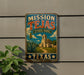 A vintage-style metal sign for Mission Tejas State Park in Texas, featuring a castle and a desert landscape.
