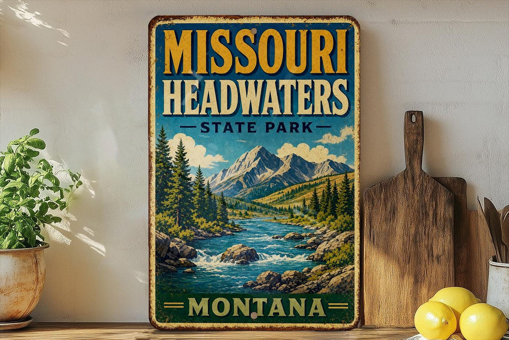 A vintage-style metal sign for Missouri Headwaters State Park, featuring a scenic mountain landscape with a river and pine trees.