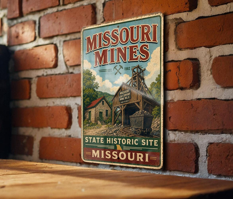 A vintage-style sign for the State Historic Site of Missouri Mills, featuring an illustration of a mining operation with a wooden building and a coal wagon.