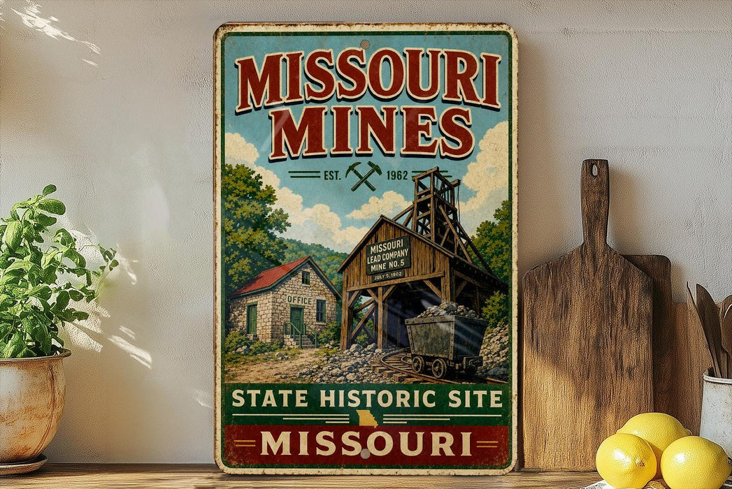 A vintage-style sign for the Missouri Mines State Historic Site, featuring an illustration of a coal mine and a wooden building.