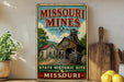 A vintage-style sign for the Missouri Mines State Historic Site, featuring an illustration of a coal mine and a wooden building.