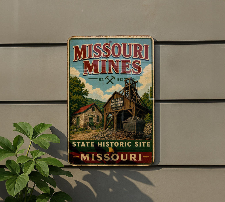 A vintage-style sign for the Missouri Mines State Historic Site, featuring an illustration of a mining operation with a wooden building and a crane.