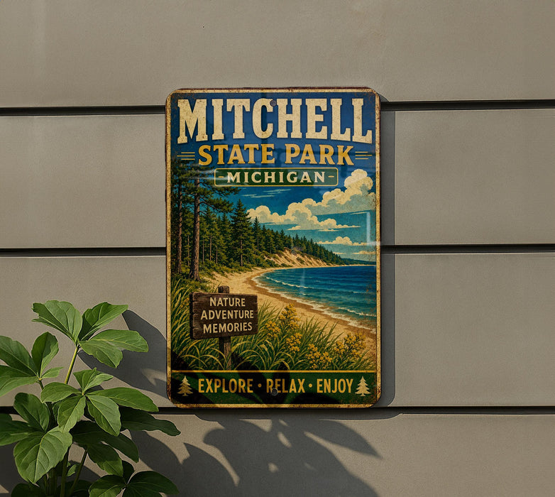 A vintage metal sign for Mitchell State Park in Michigan, featuring a scenic landscape with pine trees, a beach, and a lake.