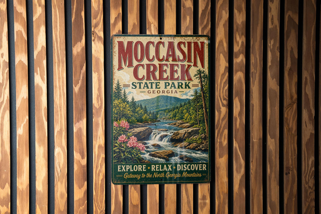 A vintage-style metal sign for Moccasin Creek State Park in Georgia, featuring a scenic illustration of the creek and mountains.