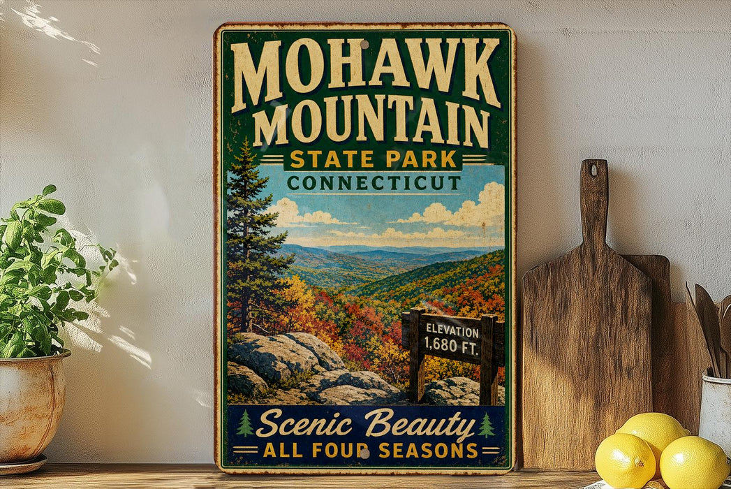 A vintage-style sign for Mohawk Mountain State Park in Connecticut, featuring a scenic mountain landscape with pine trees and a sign indicating the elevation of 1680 feet.