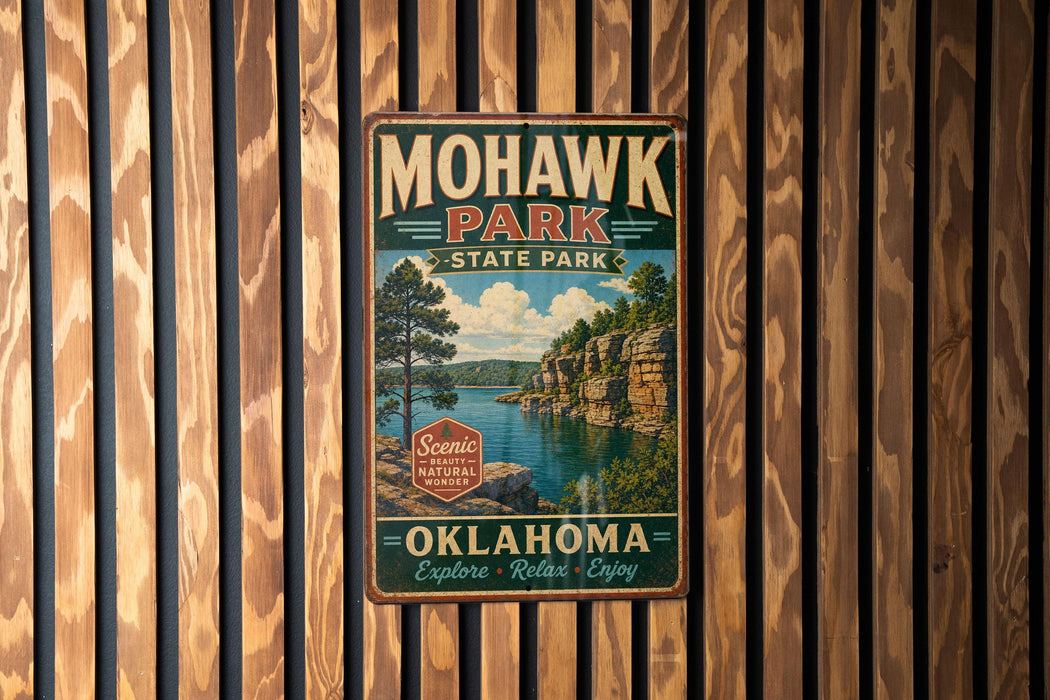 A vintage-style metal sign for Mohawk Park, Oklahoma, featuring a scenic landscape with a lake and mountains.