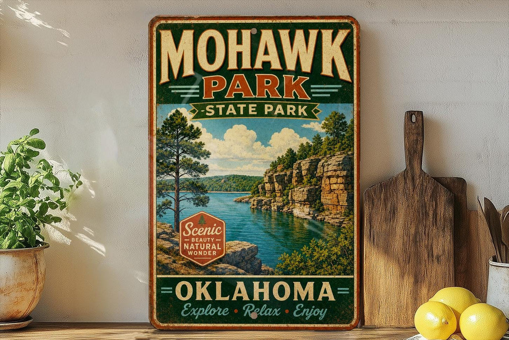 A vintage-style metal sign for Mohawk Park, Oklahoma, featuring a scenic landscape with a lake and mountains.