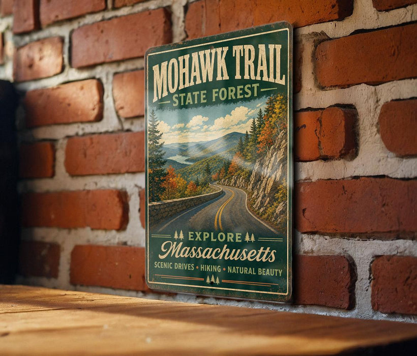 A vintage-style metal sign for the Mohawk Trail in the state forest of Massachusetts, featuring a scenic mountain landscape with a winding road.