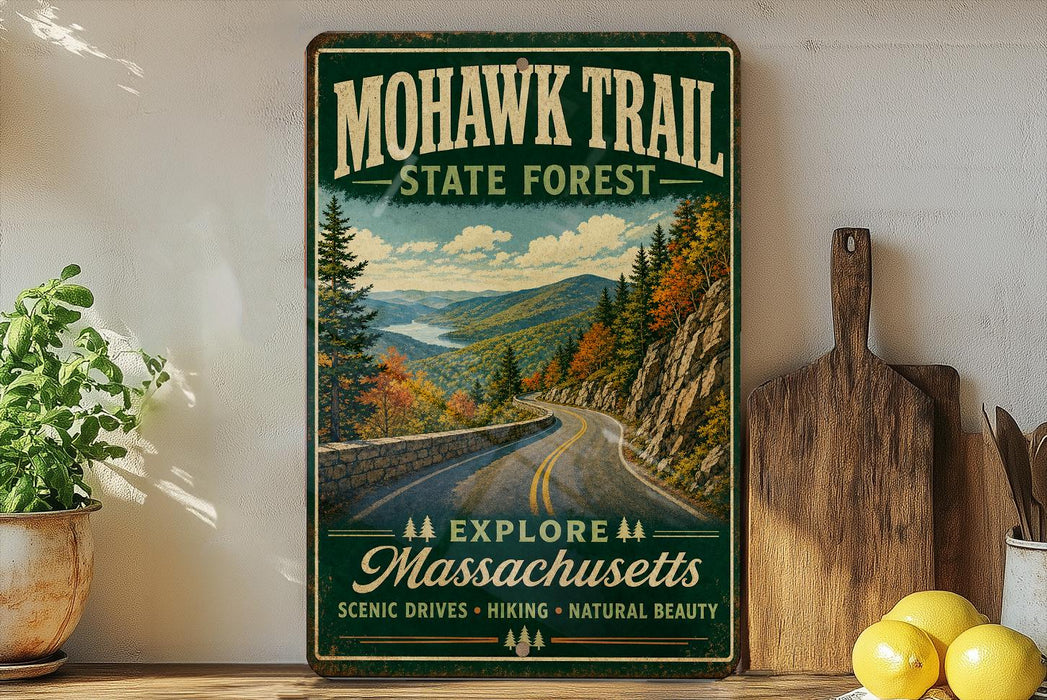 A vintage-style metal sign for the Mohawk Trail State Forest in Massachusetts, featuring a scenic mountain landscape with a winding road.