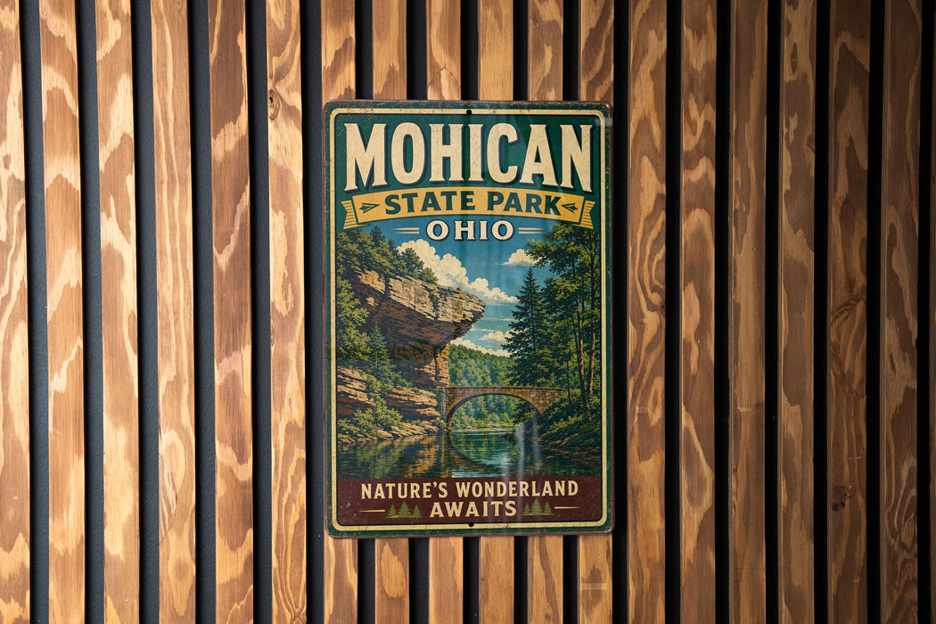 A vintage-style metal sign for Mohican State Park in Ohio, featuring a scenic landscape with a bridge and trees.