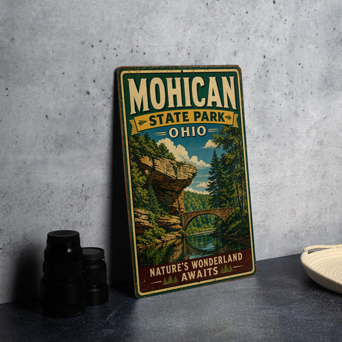 A vintage-style metal sign for Mohican State Park, Ohio, featuring a scenic landscape with a bridge and trees.