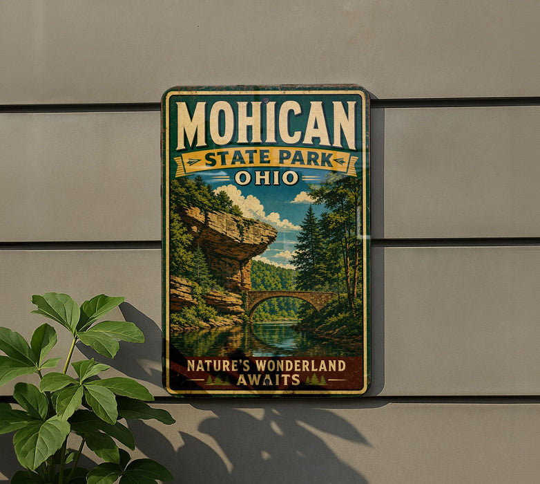 A vintage-style metal sign for Mohican State Park in Ohio, featuring a scenic landscape with a bridge and trees.