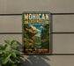 A vintage-style metal sign for Mohican State Park in Ohio, featuring a scenic landscape with a bridge and trees.