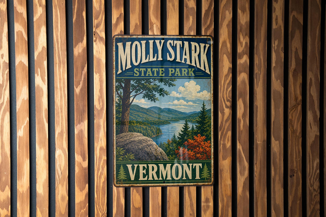 A vintage-style metal sign for Molly Stark State Park in Vermont, featuring a scenic landscape with a river, mountains, and trees.