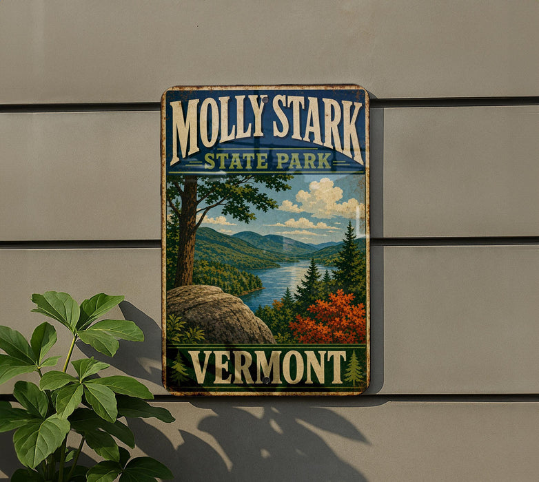 A vintage-style metal sign for Molly Stark State Park in Vermont, featuring a scenic landscape with a river, mountains, and autumn foliage.