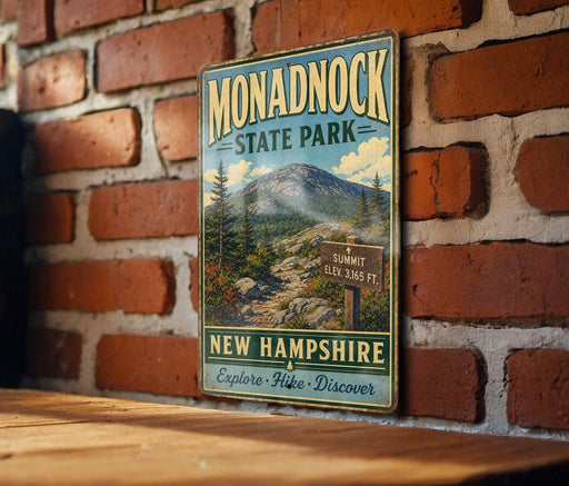 A vintage metal sign for Monadnock State Park in New Hampshire, featuring a scenic mountain landscape and trail information.