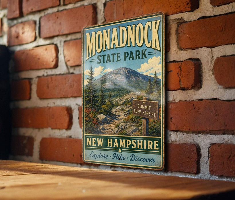 A vintage metal sign for Monadnock State Park in New Hampshire, featuring a scenic mountain landscape and trail information.