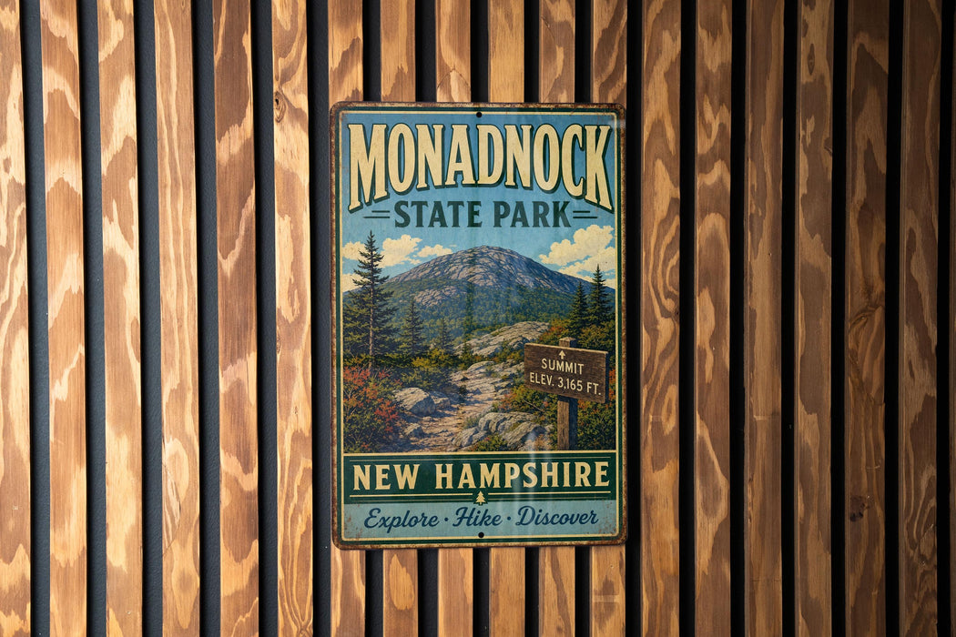 A vintage metal sign for Monadnock State Park, featuring a mountain landscape and trail signs, is displayed on a wooden wall.