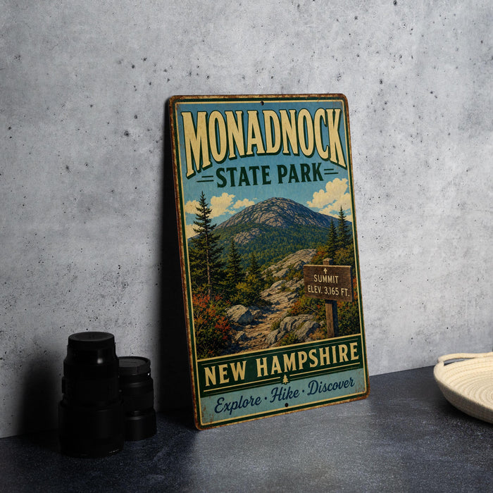 A vintage metal sign for Monadnock State Park, featuring a scenic mountain landscape and trail information.