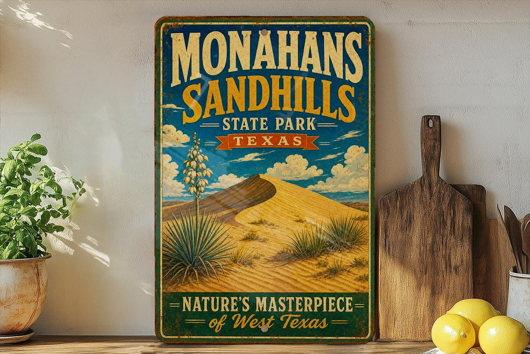 A vintage-style metal sign for Monahans Sandhills State Park in Texas, featuring an illustration of a desert landscape with a cactus and a sand dune.