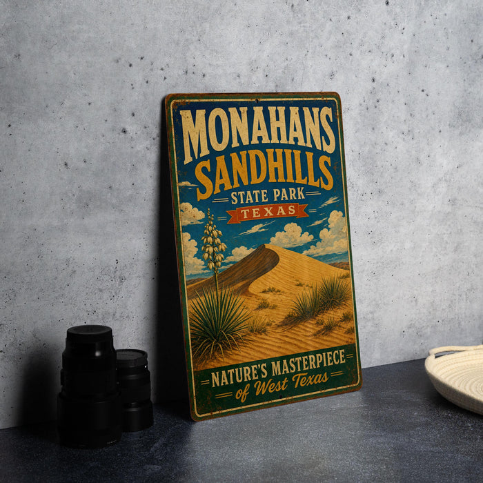 A vintage-style metal sign for Monahans Sandhills State Park in Texas, featuring a desert landscape with a cactus and a blue sky with clouds.