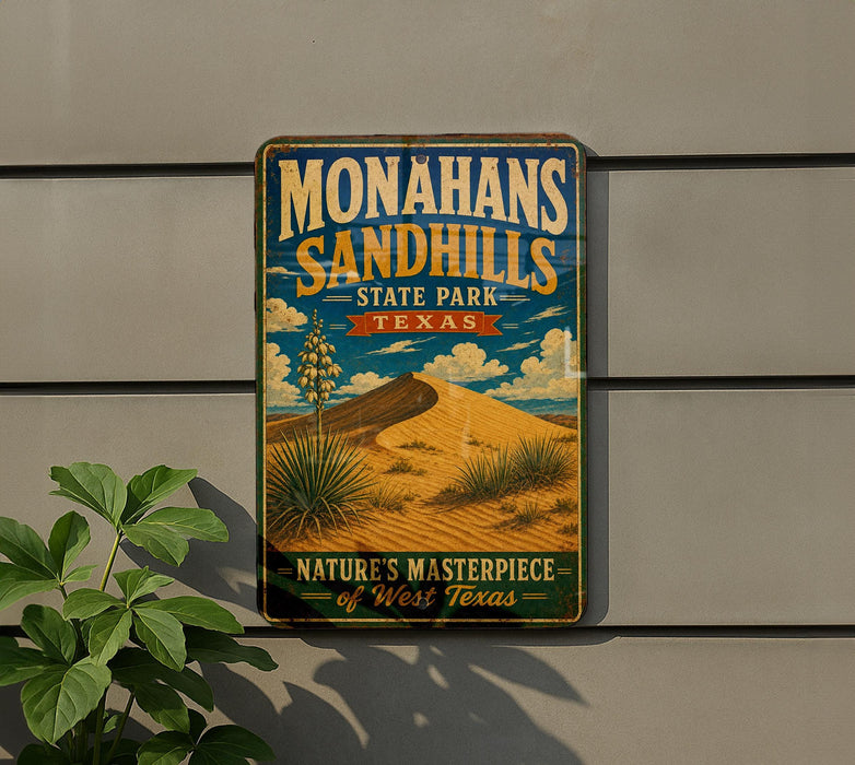 A vintage-style metal sign for Monahans Sandhills State Park in Texas, featuring a desert landscape with a cactus and a sand dune.