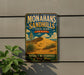 A vintage-style metal sign for Monahans Sandhills State Park in Texas, featuring a desert landscape with a cactus and a sand dune.