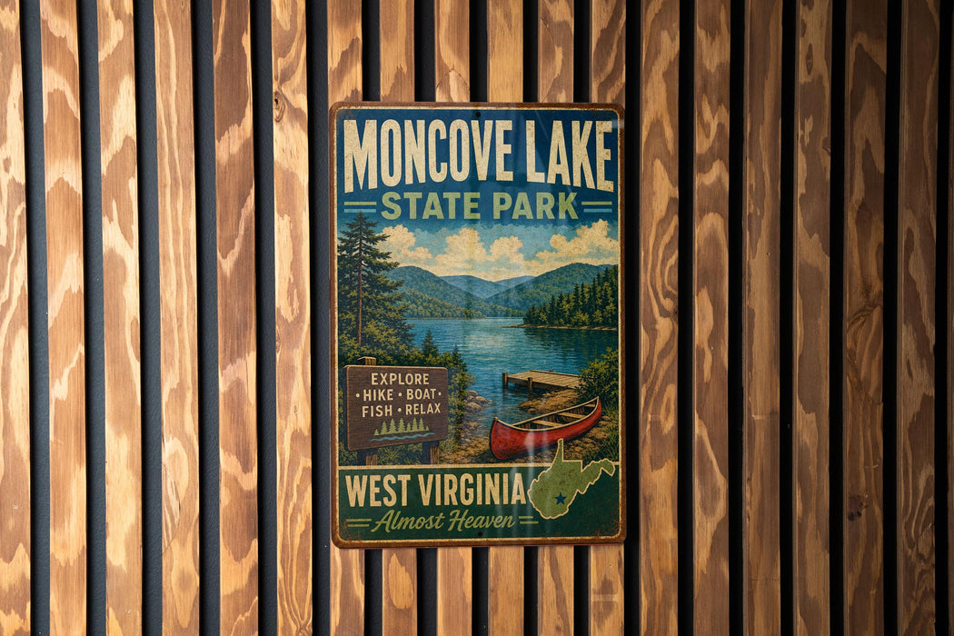 A vintage metal sign for Moncover Lake State Park, featuring a scenic image of a lake surrounded by mountains and a red canoe, is displayed on a wooden wall.