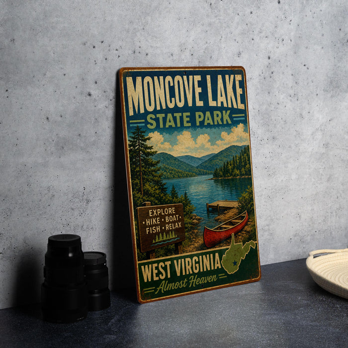 A vintage-style metal sign for Moncove Lake State Park, featuring a scenic image of the lake and surrounding mountains.