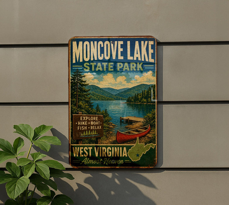 A vintage-style metal sign for Moncover Lake State Park, featuring a scenic image of a lake, mountains, and a red canoe.