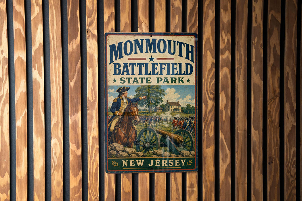A vintage metal sign for Monmouth Battlefield State Park in New Jersey, featuring an illustration of a soldier on horseback and a cannon.