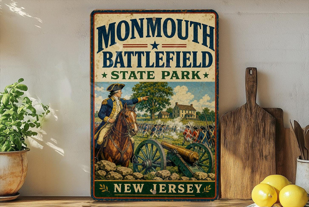 a vintage-style metal sign for Monmouth Battlefield State Park in New Jersey, with a painting of a soldier on horseback and a cannon in the foreground.