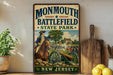 a vintage-style metal sign for Monmouth Battlefield State Park in New Jersey, with a painting of a soldier on horseback and a cannon in the foreground.