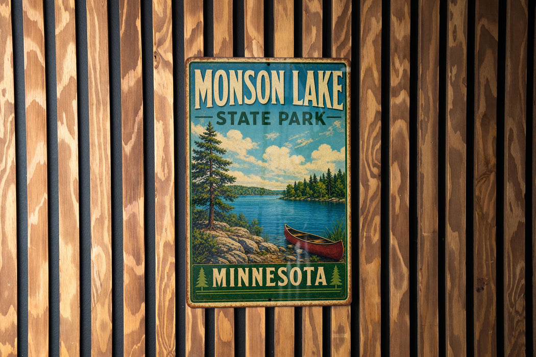 A vintage metal sign for Monson Lake State Park in Minnesota, featuring a scenic landscape with a lake, trees, and a canoe.