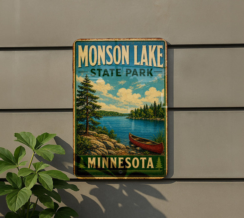 A vintage-style sign for Monson Lake State Park in Minnesota, featuring a scenic landscape with a lake, pine trees, and a canoe.