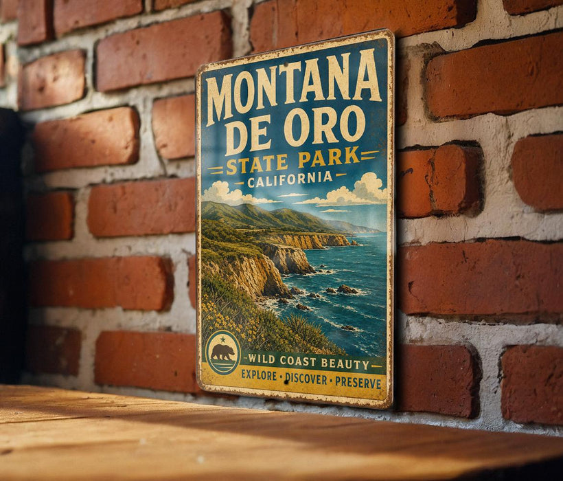 A vintage metal sign displaying the name "Montana de Oro State Park, California" and the phrase "Wild Coast Beauty" hangs on a brick wall.