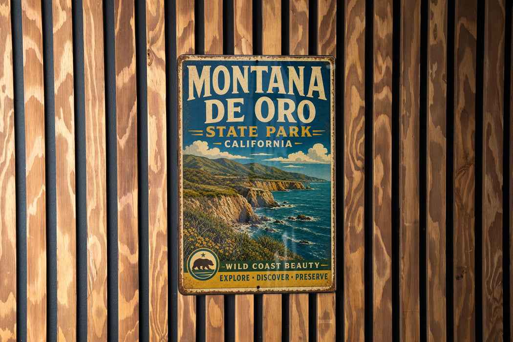 A vintage metal sign for Montana de Oro State Park, California, featuring a scenic coastal landscape with cliffs and the ocean.