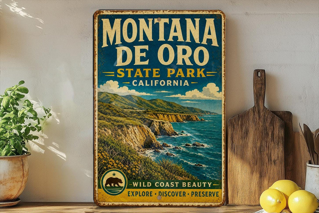 A vintage-style sign for Montana State Park, California, featuring a scenic coastal landscape with mountains, cliffs, and the ocean.