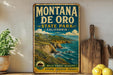 A vintage-style sign for Montana State Park, California, featuring a scenic coastal landscape with mountains, cliffs, and the ocean.