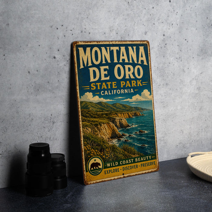 A vintage-style metal sign for Montana de Oro State Park, California, featuring a scenic coastal landscape with mountains, cliffs, and the ocean.