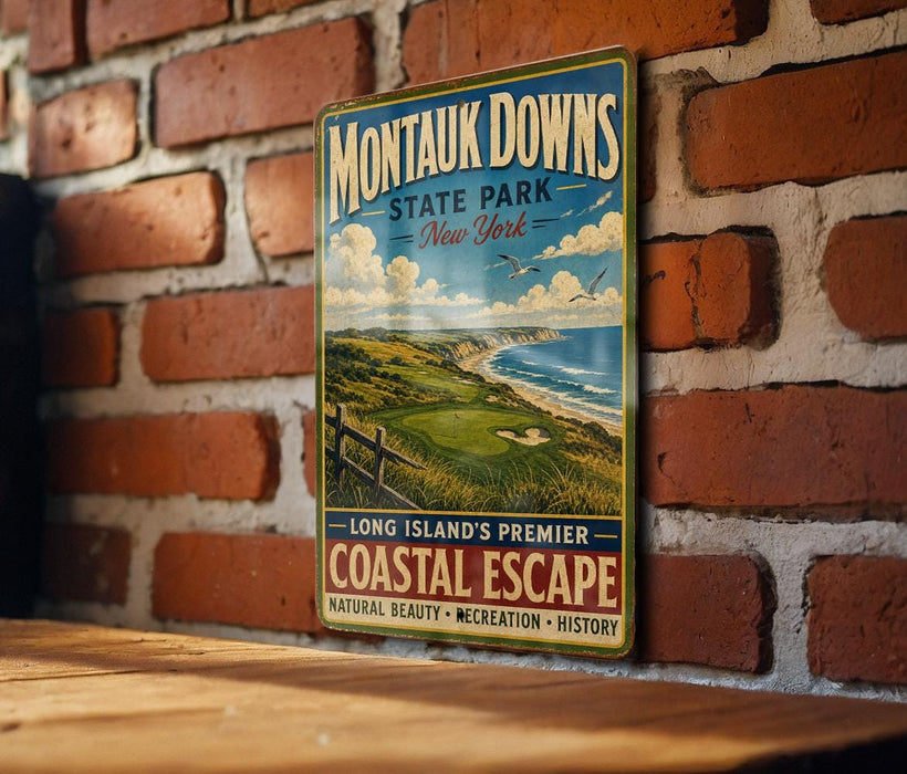 A vintage-style metal sign for Montauk Downs, New York, featuring a scenic landscape with a golf course, ocean, and clouds.