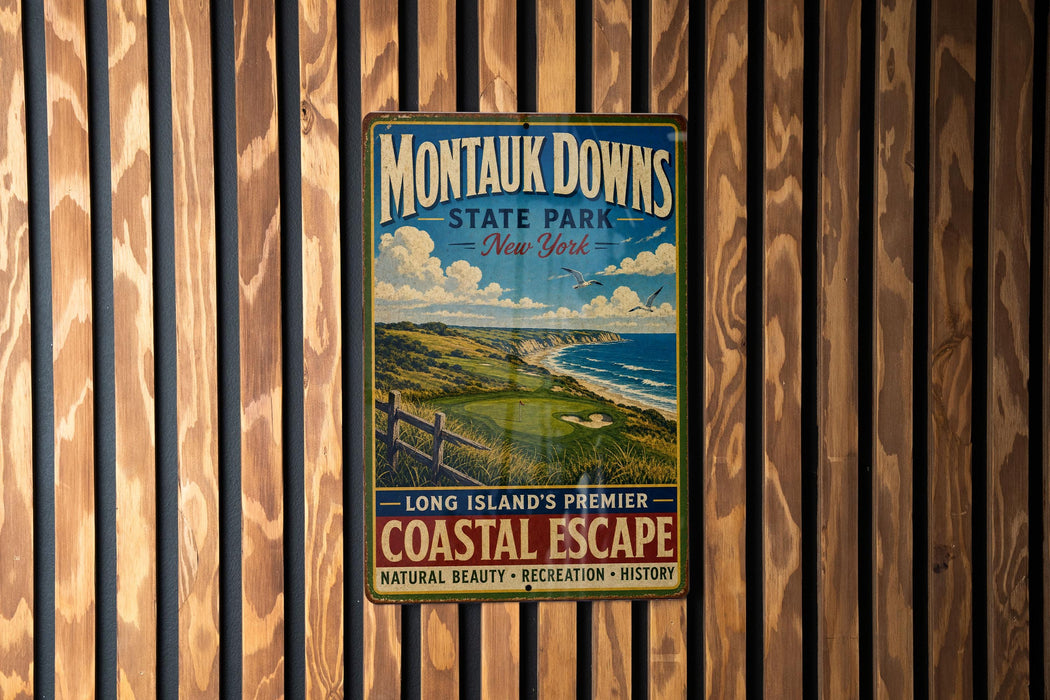 A vintage metal sign for Montauk Downs State Park in New York, featuring a scenic coastal landscape with a golf course and ocean in the background.