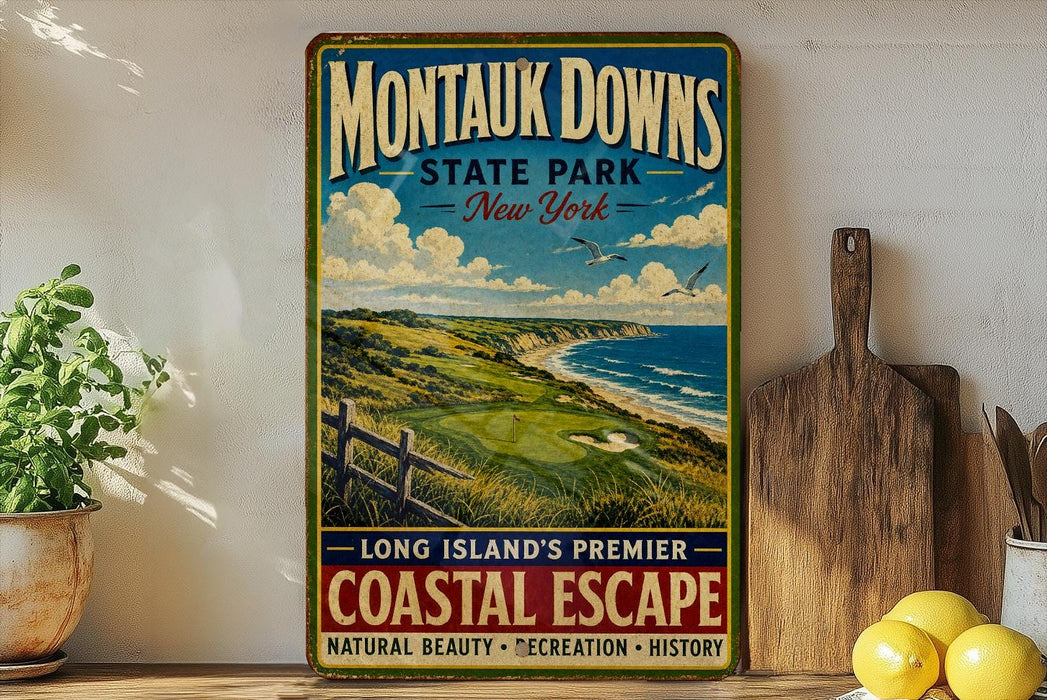 A vintage-style metal sign for Montauk Downs, New York, featuring a scenic coastal landscape with a golf course and ocean in the background.