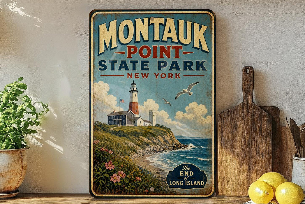 A vintage-style metal sign for Montauk Point State Park in New York, featuring a lighthouse and a coastal landscape.
