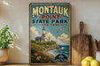 A vintage-style metal sign for Montauk Point State Park in New York, featuring a lighthouse and a coastal landscape.
