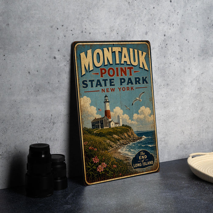 A vintage-style sign for Montauk Point State Park in New York, featuring a lighthouse and a coastal landscape.