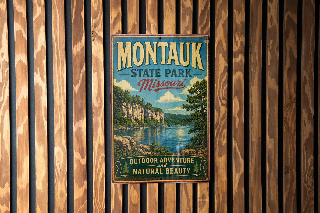 A vintage-style metal sign for Montauk State Park in Missouri, featuring a scenic landscape with a river and mountains.